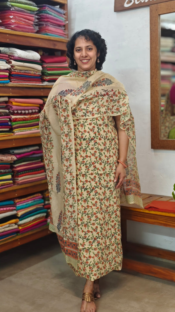 Cream Block Printed Chanderi Suit