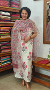 White and Pink Block Printed Cotton Hakoba Suit with Kota Doria Dupatta