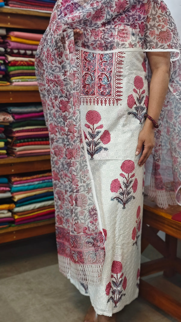 White and Pink Block Printed Cotton Hakoba Suit with Kota Doria Dupatta
