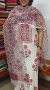 White and Pink Block Printed Cotton Hakoba Suit with Kota Doria Dupatta