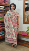 Light Beige Floral Printed Blended Linen Suit - BD33