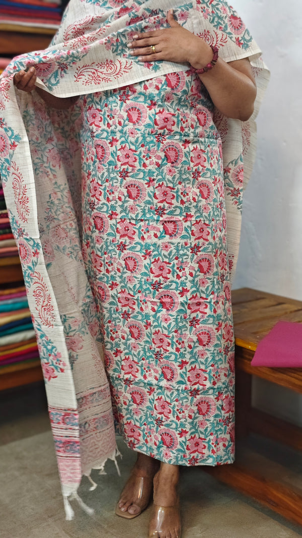 Light Beige Floral Printed Blended Linen Suit - BD33