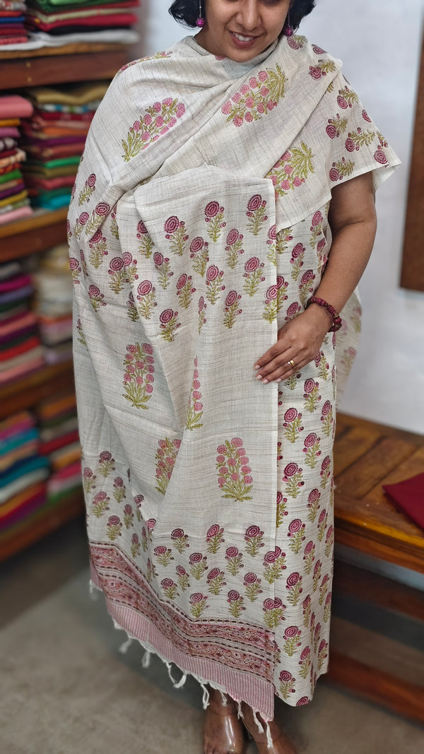 Light Beige Floral Printed Blended Linen Suit - 2 - BD33