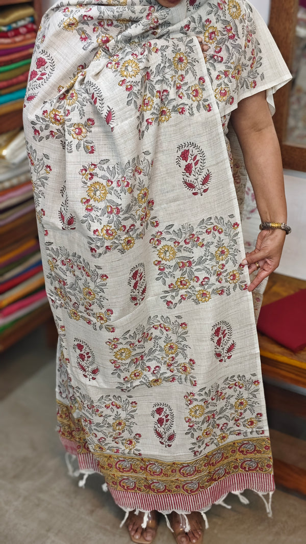 Light Beige Floral Printed Blended Linen Suit - 3 - BD33