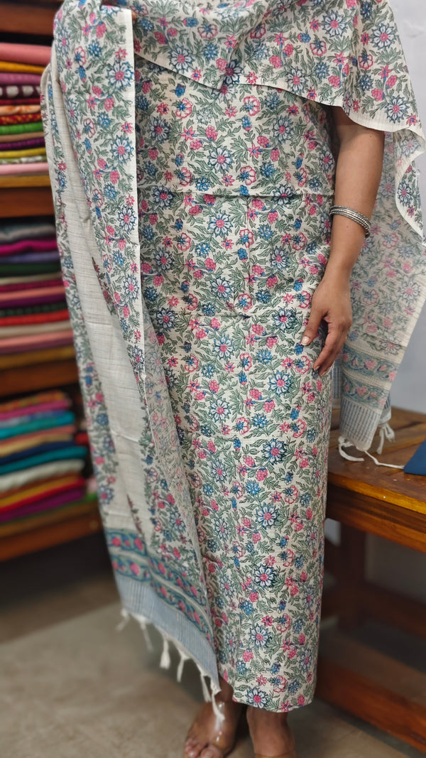 Light Beige Floral Printed Blended Linen Suit - 4 - BD33