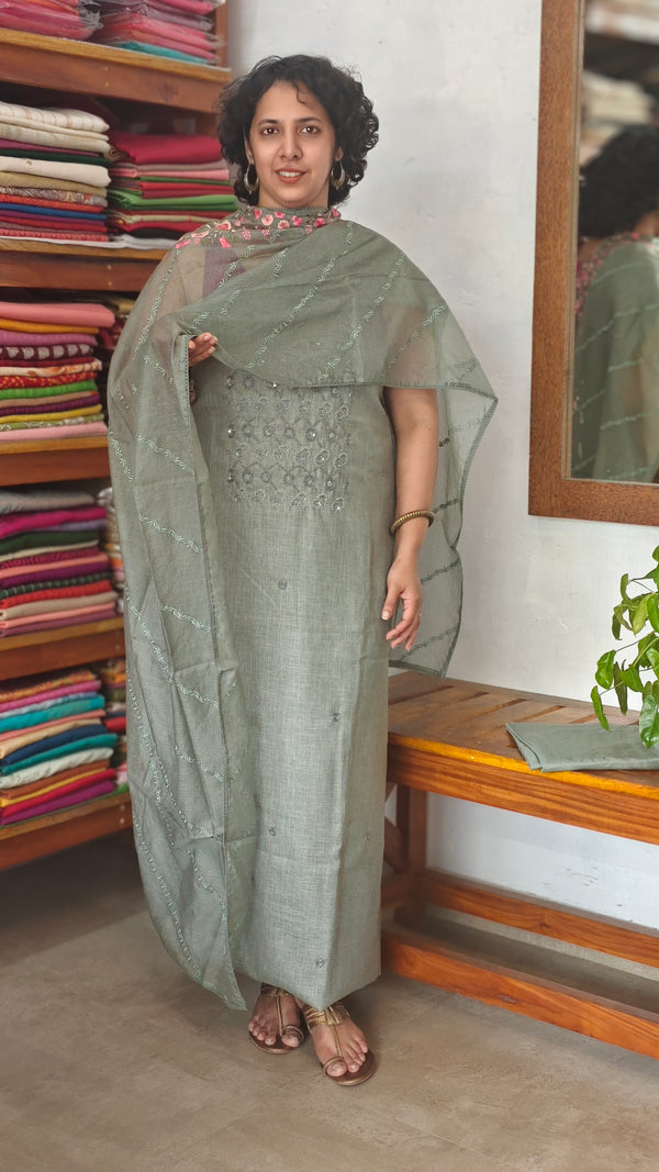 Sage Green Linen Suit with Bead Work - FM19