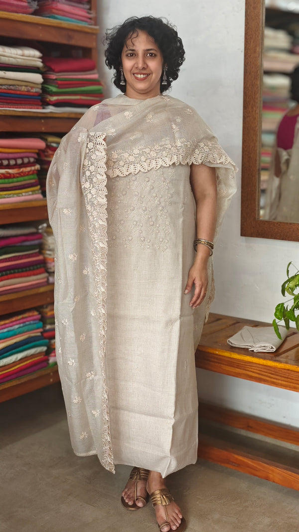 Ivory Beige Linen Suit with Bead Work - FM19