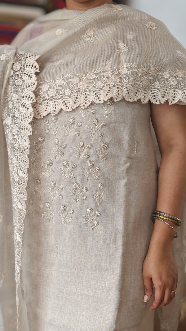 Ivory Beige Linen Suit with Bead Work - FM19