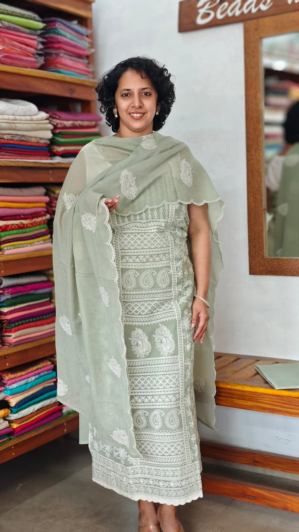 Sage Green Embroidered Crepe Georgette Suit - 327G