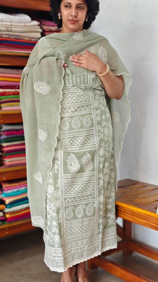 Sage Green Embroidered Crepe Georgette Suit - 327G