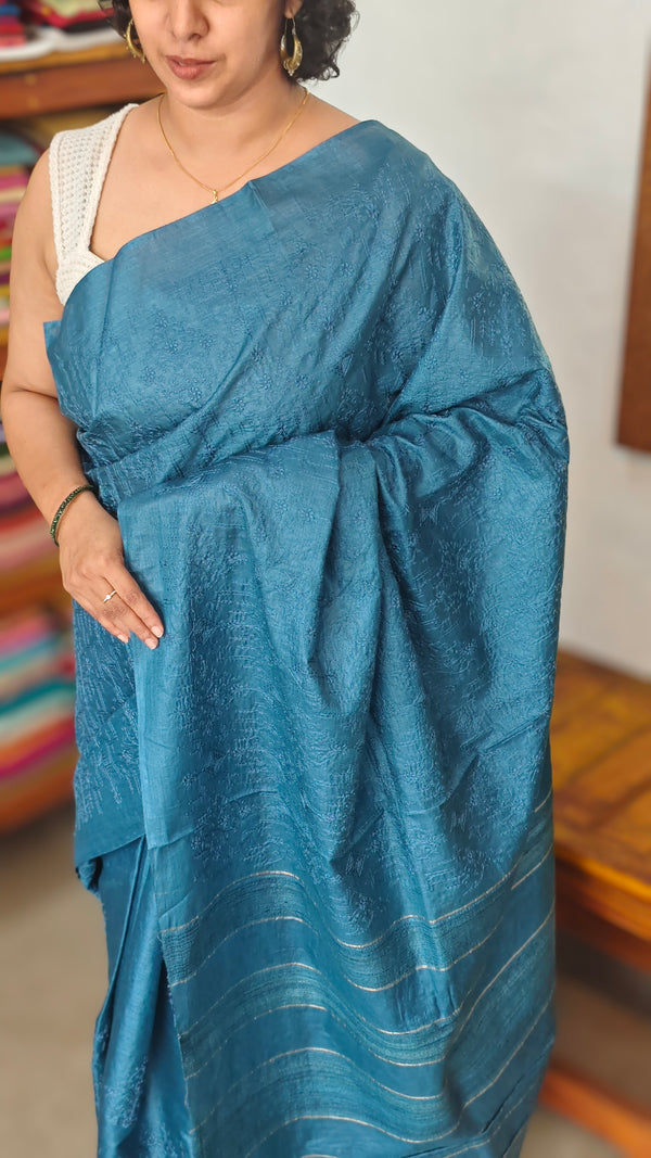 Azure Blue Embroidered Tussar Silk Saree