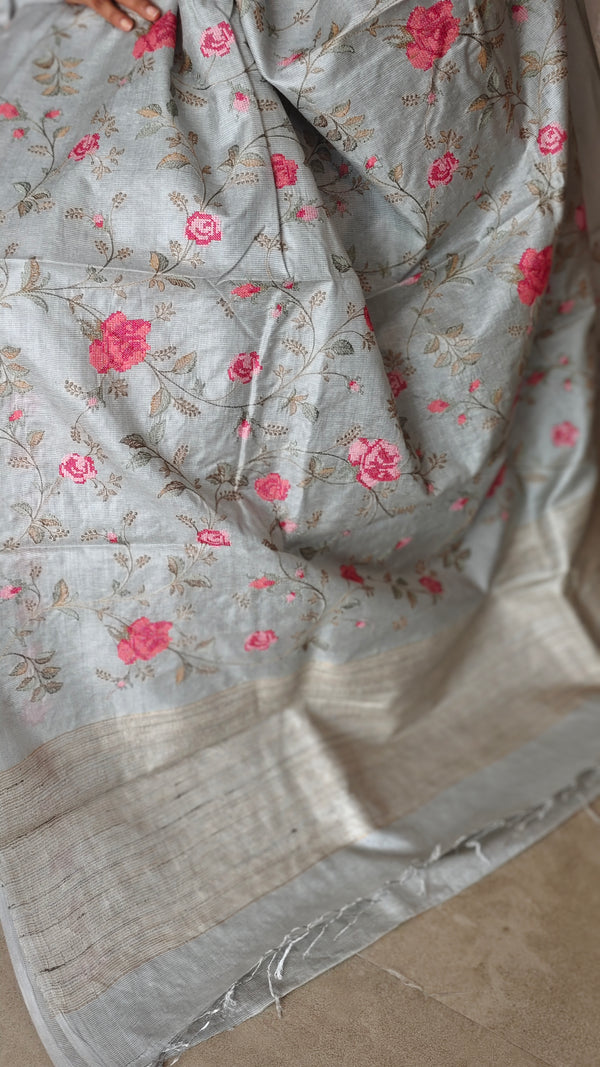 Powder Blue Tussar Silk Saree with Cross Stitch Embroidery - 23001