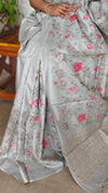 Powder Blue Tussar Silk Saree with Cross Stitch Embroidery - 23001