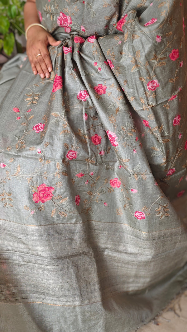 Teal Green Tussar Silk Saree with Cross Stitch Embroidery - 23001