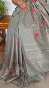 Teal Green Tussar Silk Saree with Cross Stitch Embroidery - 23001