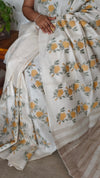 Off White and Mustard Tussar Silk Saree with Cross Stitch Embroidery - 23001