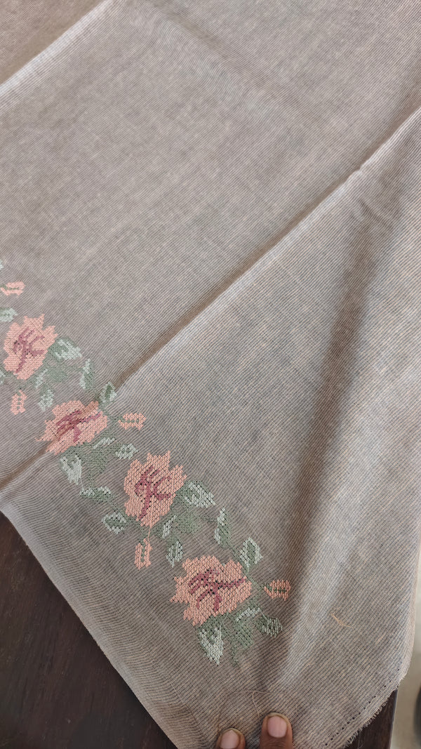 Taupe Tussar Silk Saree with Cross Stitch Embroidery - 23001
