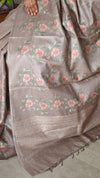 Taupe Tussar Silk Saree with Cross Stitch Embroidery - 23001