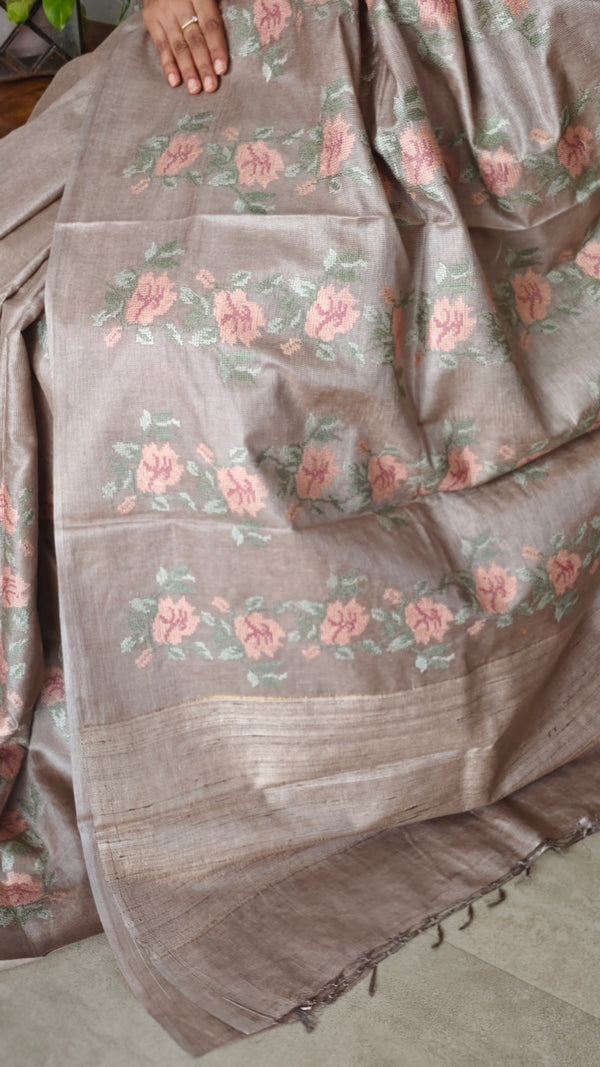 Taupe Tussar Silk Saree with Cross Stitch Embroidery - 23001