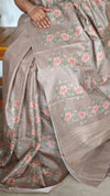 Taupe Tussar Silk Saree with Cross Stitch Embroidery - 23001