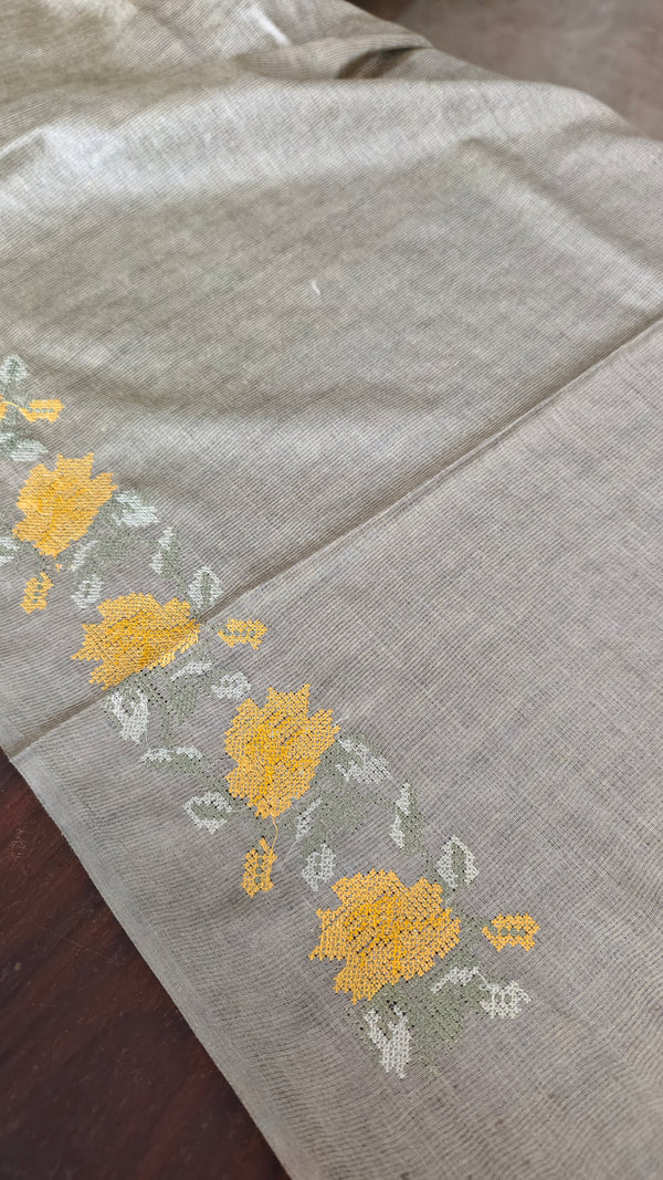 Sage Green Tussar Silk Saree with Cross Stitch Embroidery - 23001