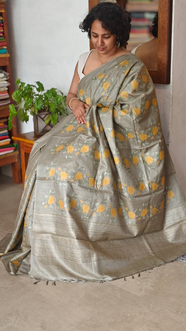 Sage Green Tussar Silk Saree with Cross Stitch Embroidery - 23001