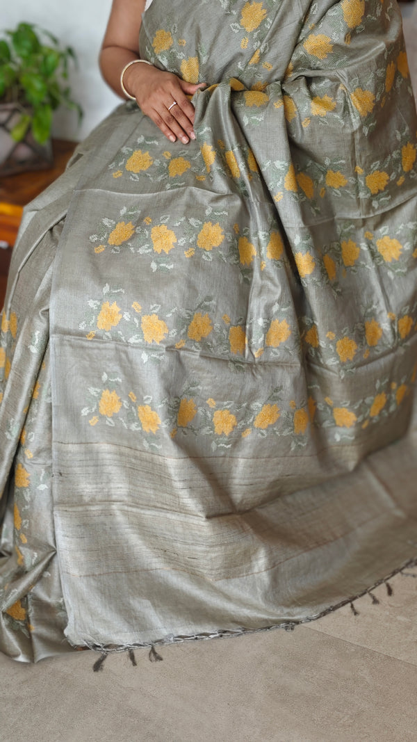 Sage Green Tussar Silk Saree with Cross Stitch Embroidery - 23001