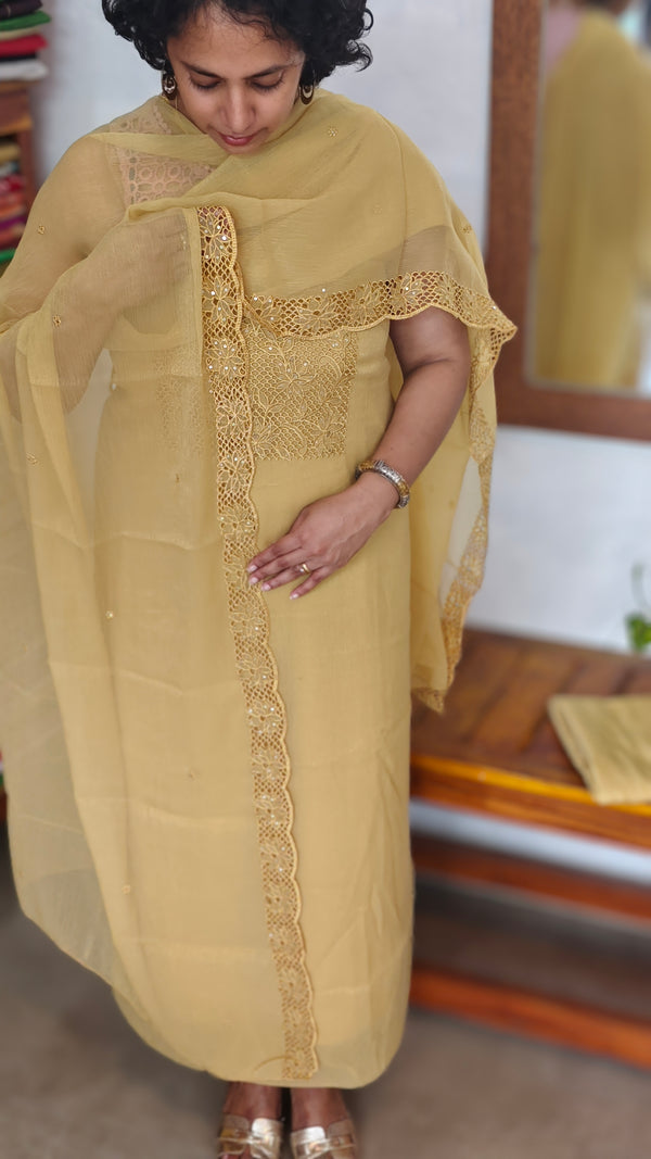 Mustard Yellow Crushed Organza Cutwork Suit - M177