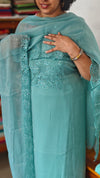 Teal Blue Crushed Organza Cutwork Suit - M177
