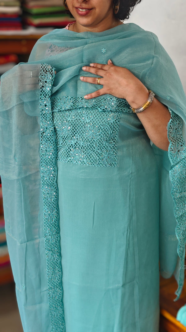 Teal Blue Crushed Organza Cutwork Suit - M177