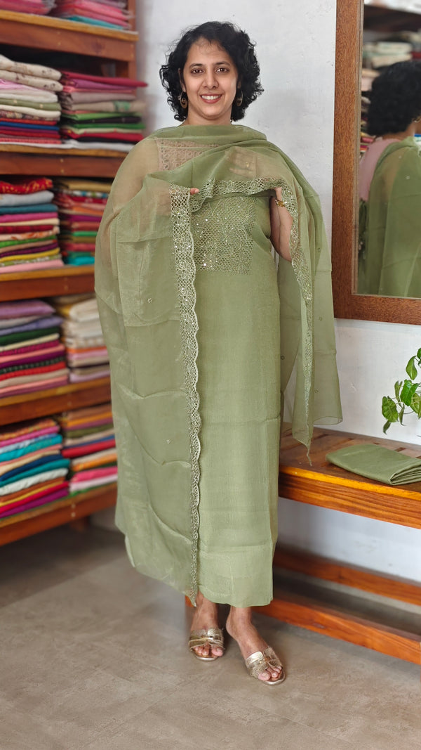 Sage Green Crushed Organza Cutwork Suit - M177