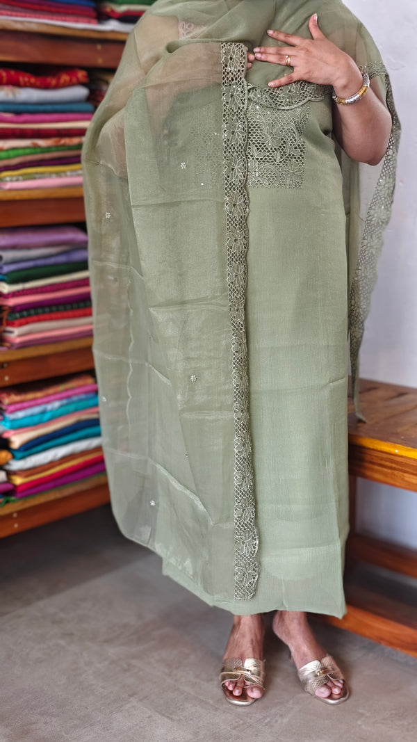 Sage Green Crushed Organza Cutwork Suit - M177