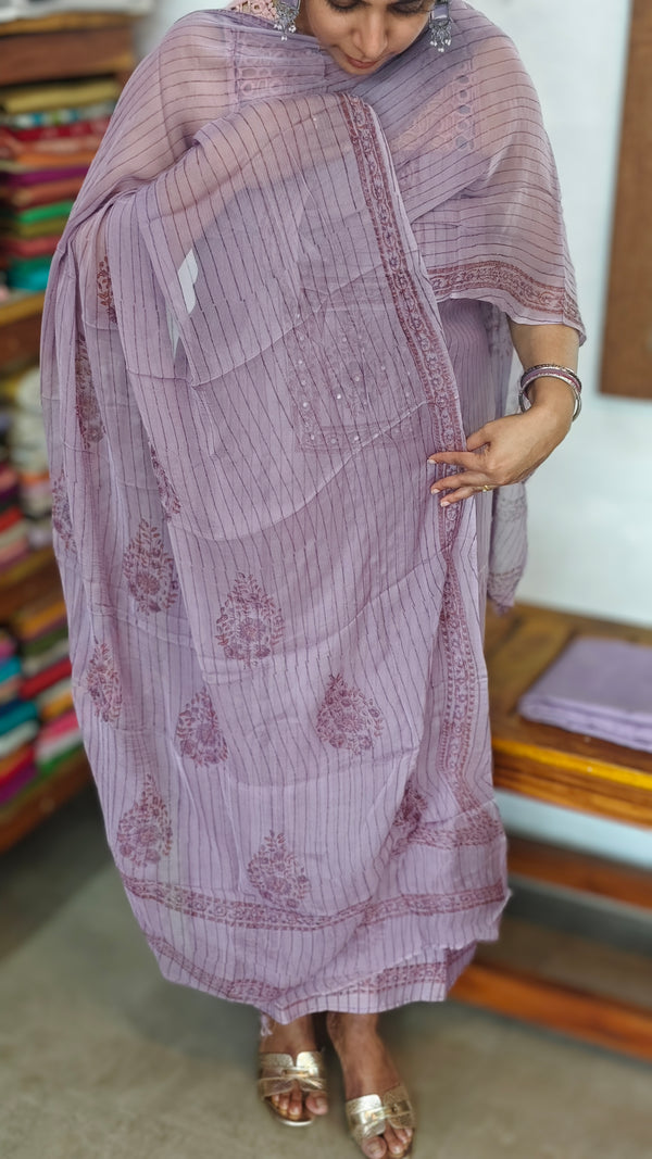 Lavender Block Printed Muslin suit - D4891