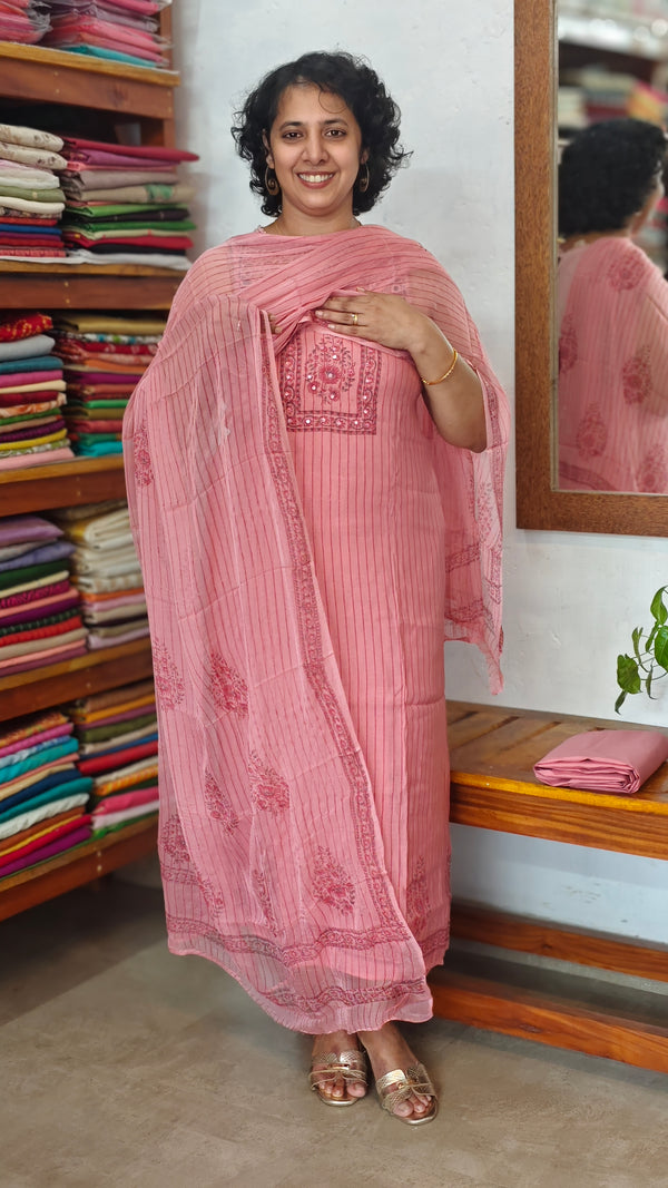 Pink Block Printed Muslin Suit - D4891