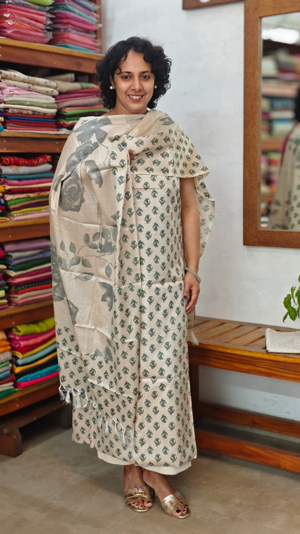 Semi Silk Suit - Beige and Grey - B - ETV9