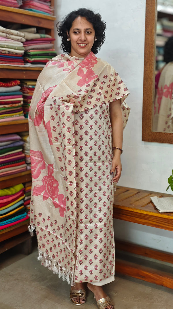 Semi Silk Suit - Beige and Pink - C - ETV9