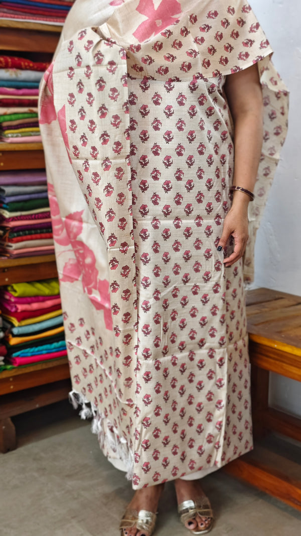 Semi Silk Suit - Beige and Pink - C - ETV9