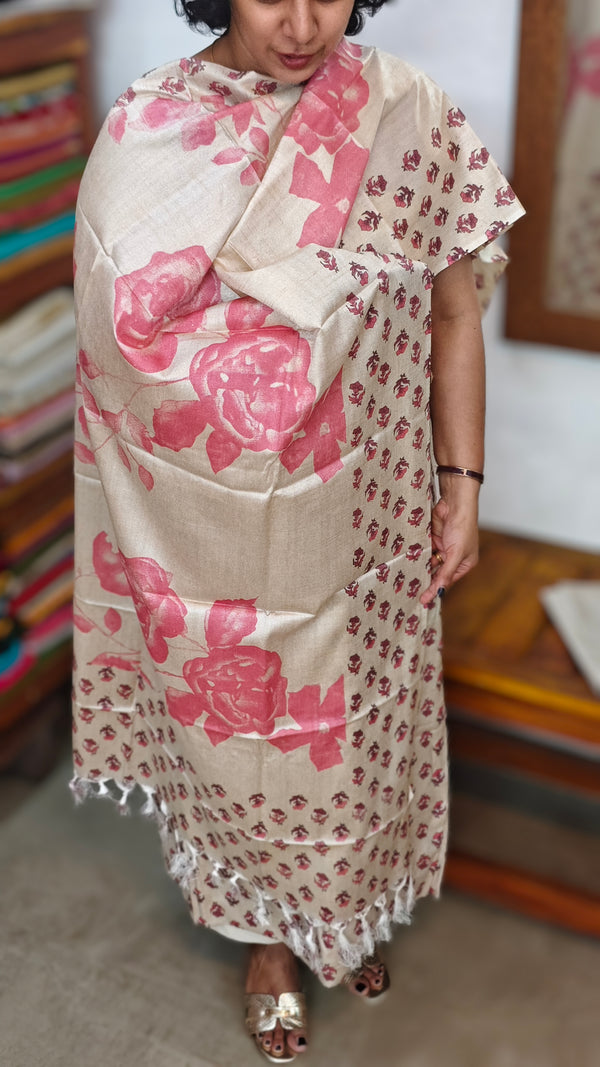 Semi Silk Suit - Beige and Pink - C - ETV9