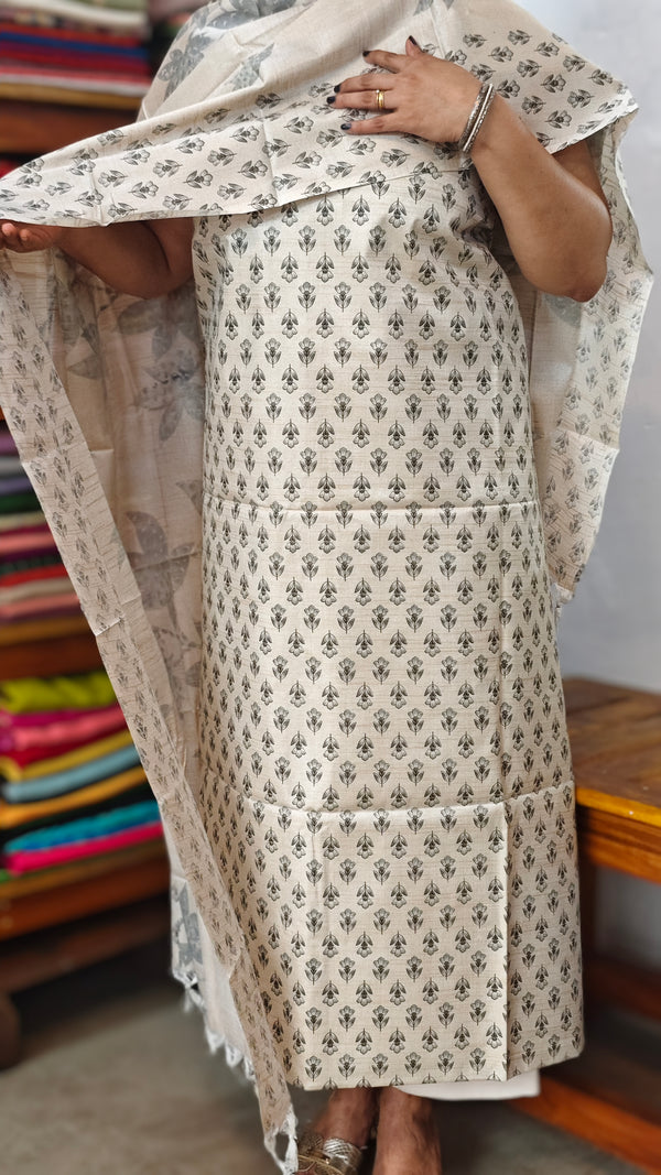 Semi Silk Suit - Beige and Dark Grey - D - ETV9