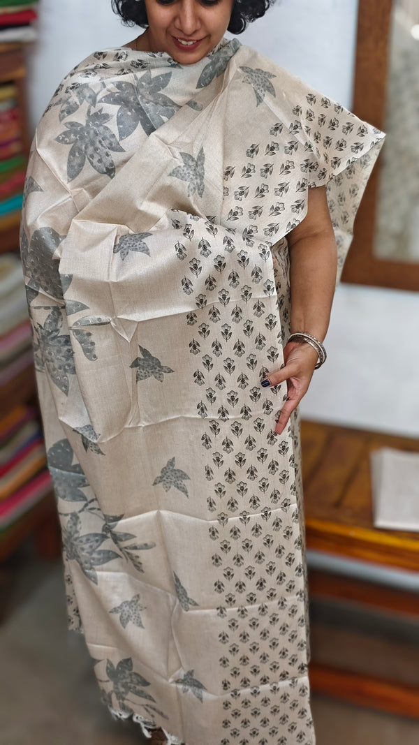 Semi Silk Suit - Beige and Dark Grey - D - ETV9