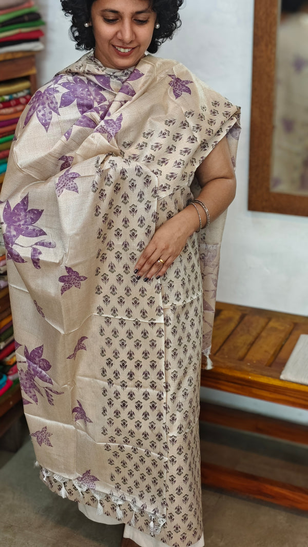 Semi Silk Suit - Beige and Purple - F - ETV9