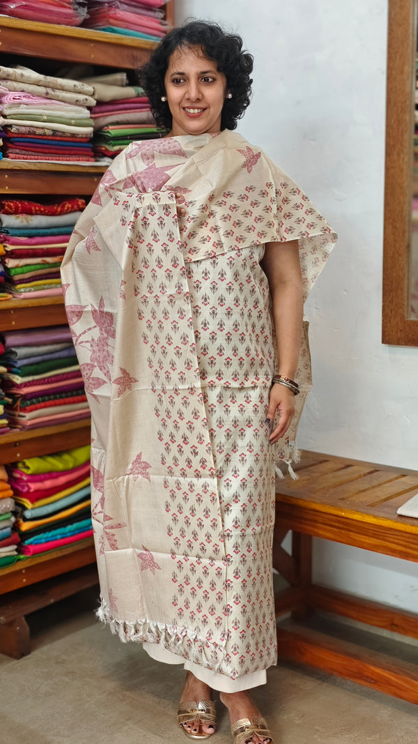 Semi Silk Suit - Beige and Mauve - G - ETV9