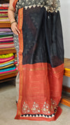 Grey and Black Block Printed Maheshwari Silk Saree - BHC91