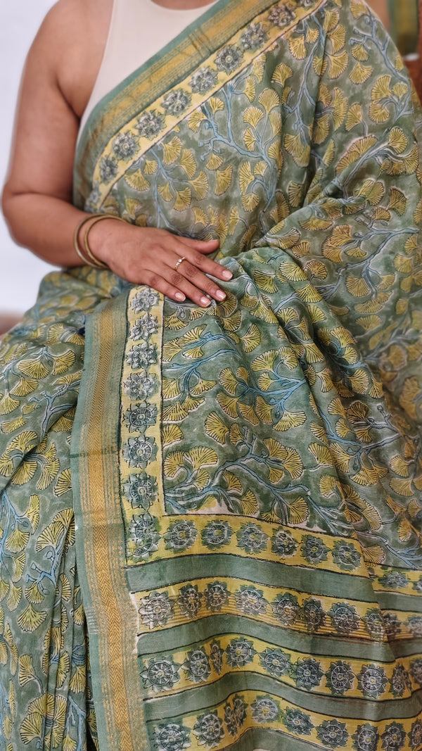 Green and Mustard Maheshwari Silk Saree - BHC91