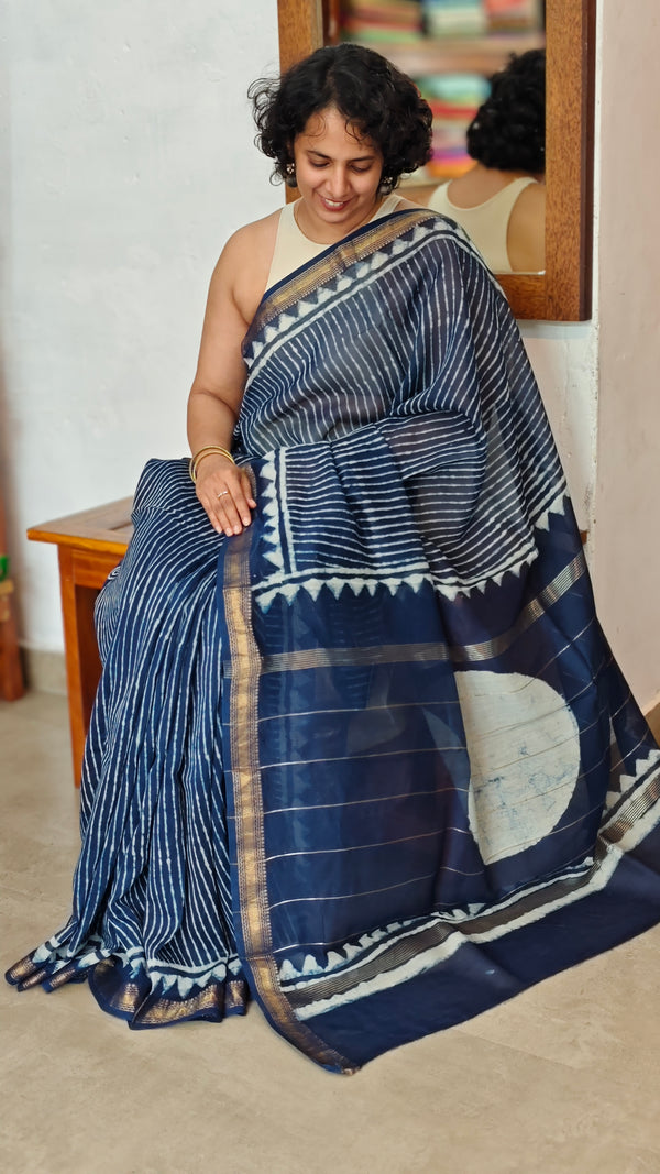 Indigo Maheshwari Silk Saree - BHC91