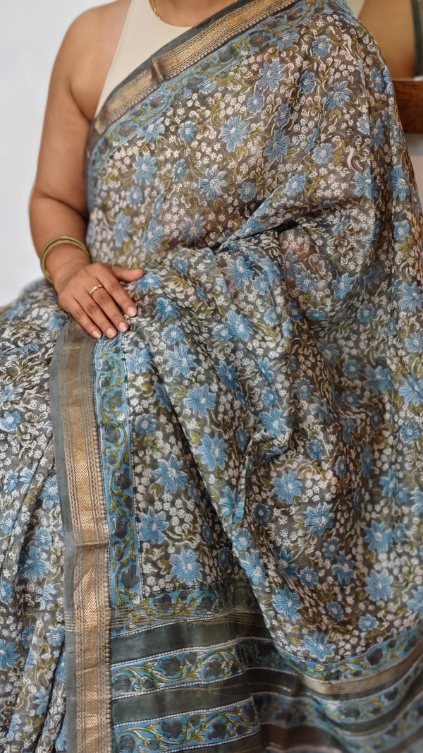 Grey and Blue Maheshwari Silk Saree - BHC91