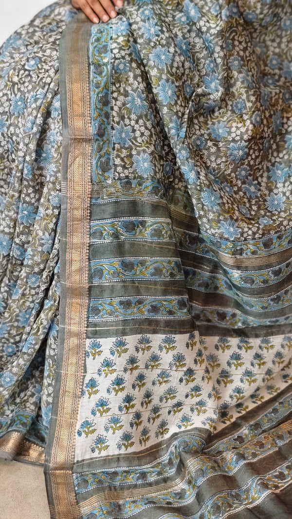 Grey and Blue Maheshwari Silk Saree - BHC91