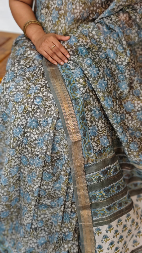 Grey and Blue Maheshwari Silk Saree - BHC91