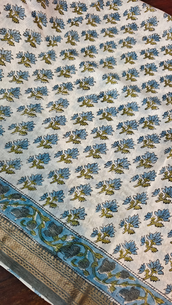 Grey and Blue Maheshwari Silk Saree - BHC91
