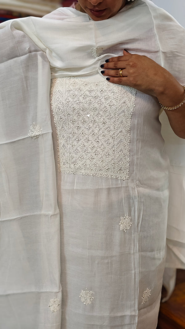 Milky White Muslin Chikankari Suit - SML9